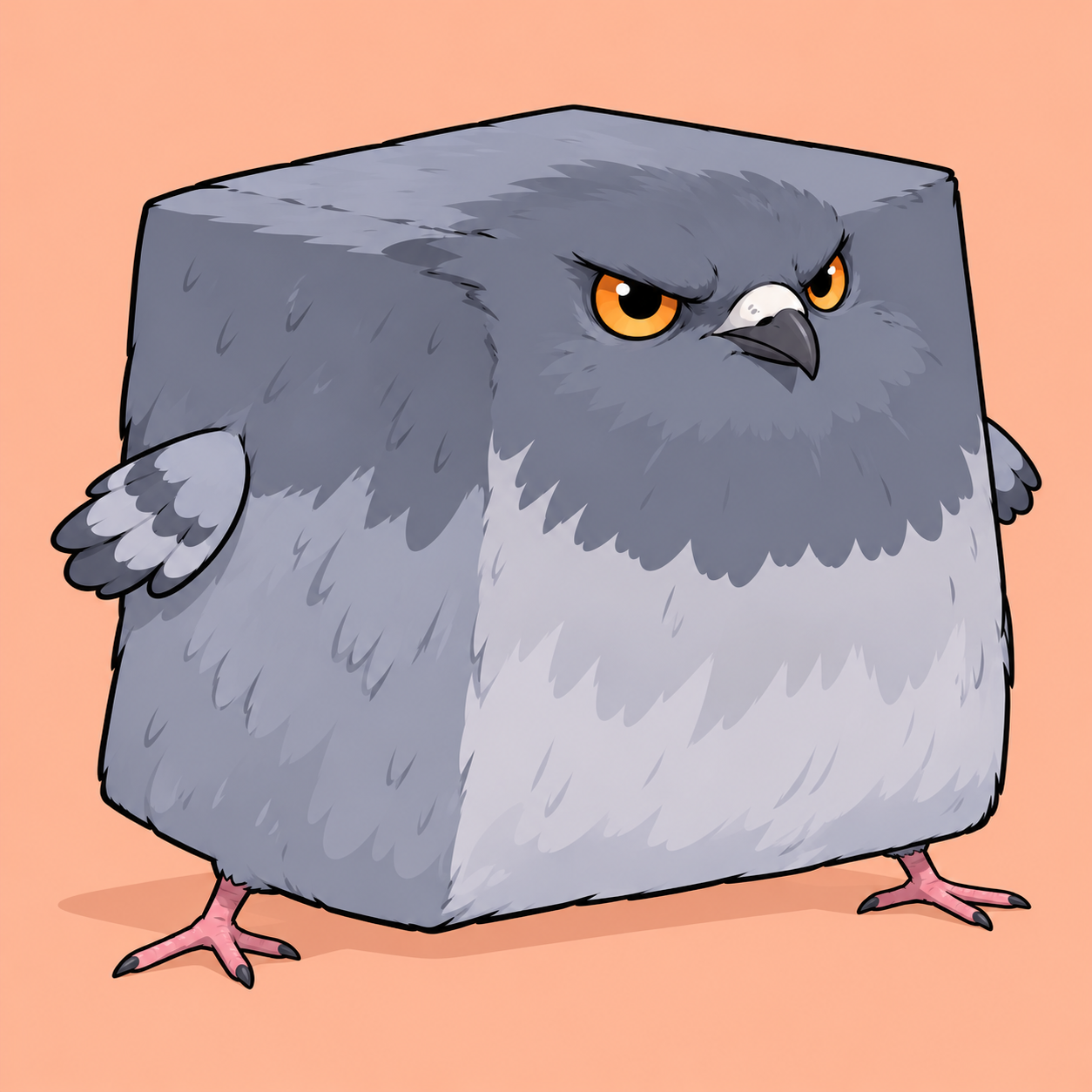 The original square gray Pigeon Cube with angry amber eyes