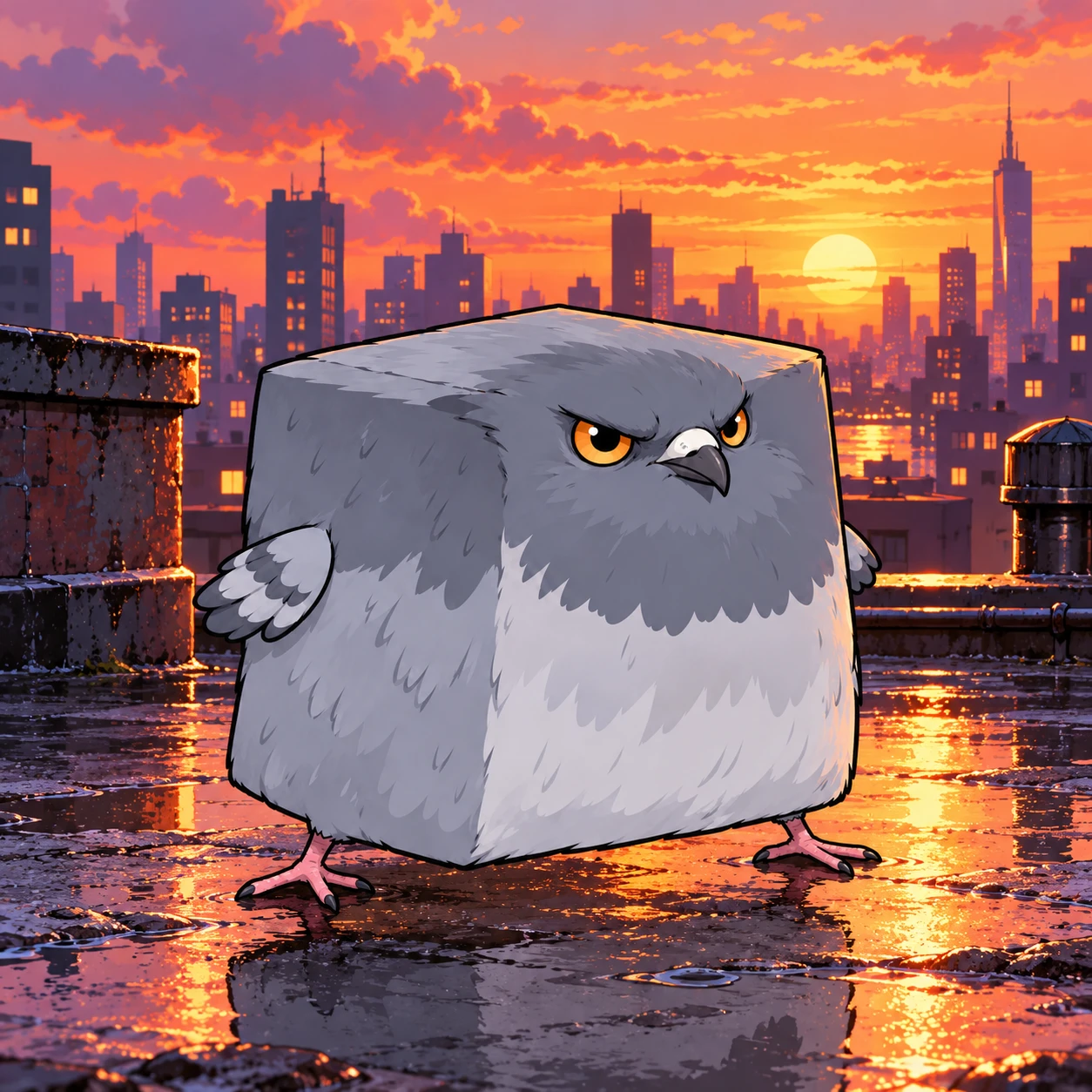 Pigeon Cube surveying a sunset rooftop