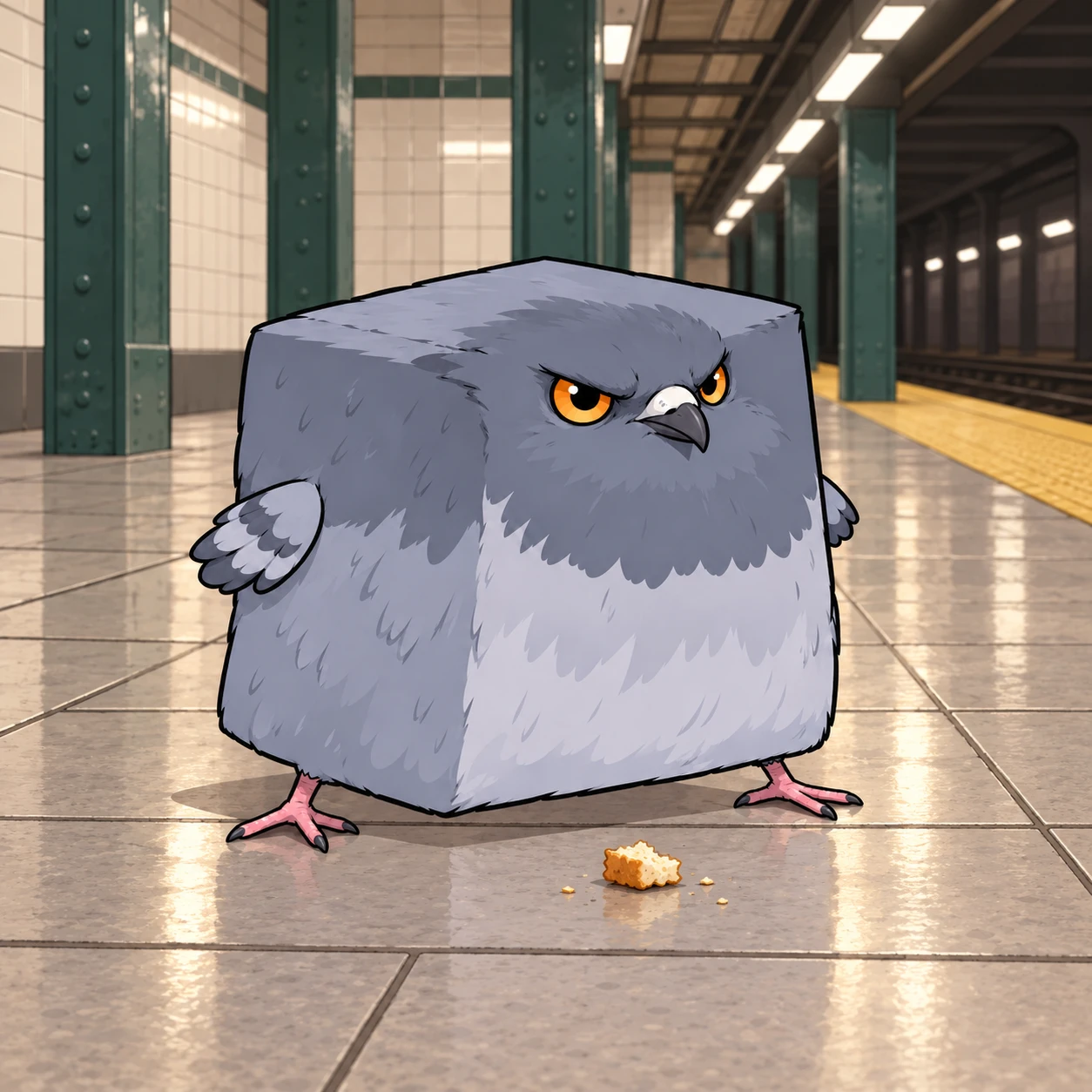 Pigeon Cube guarding a breadcrumb in a subway station