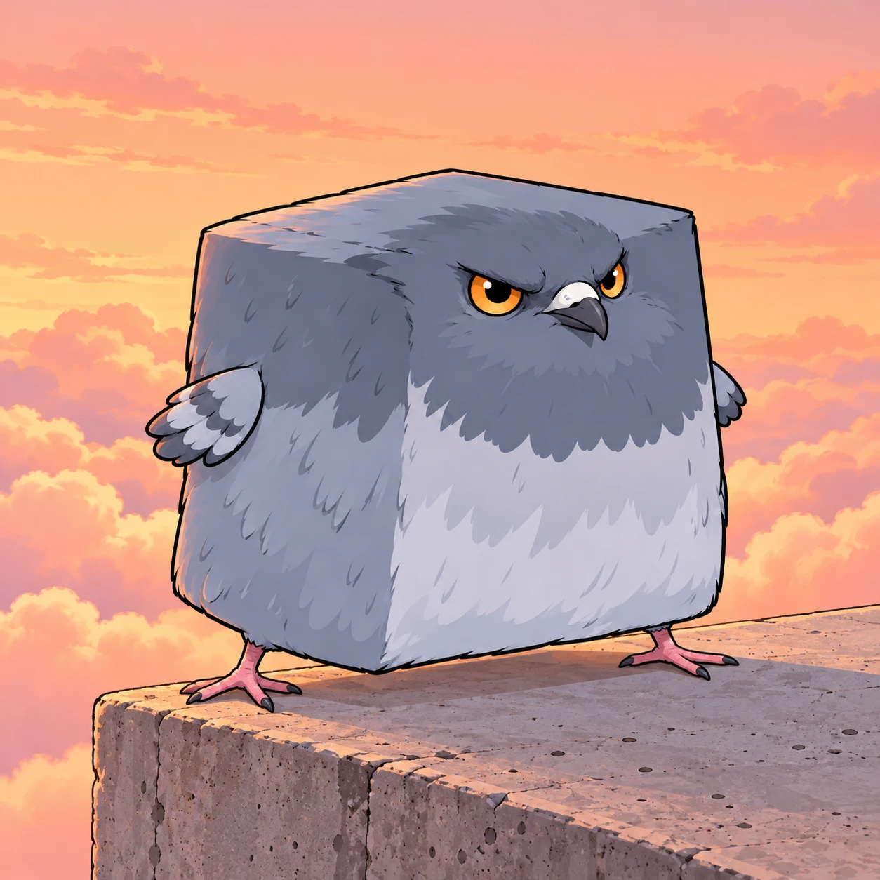 Pigeon Cube above peach clouds on a concrete ledge