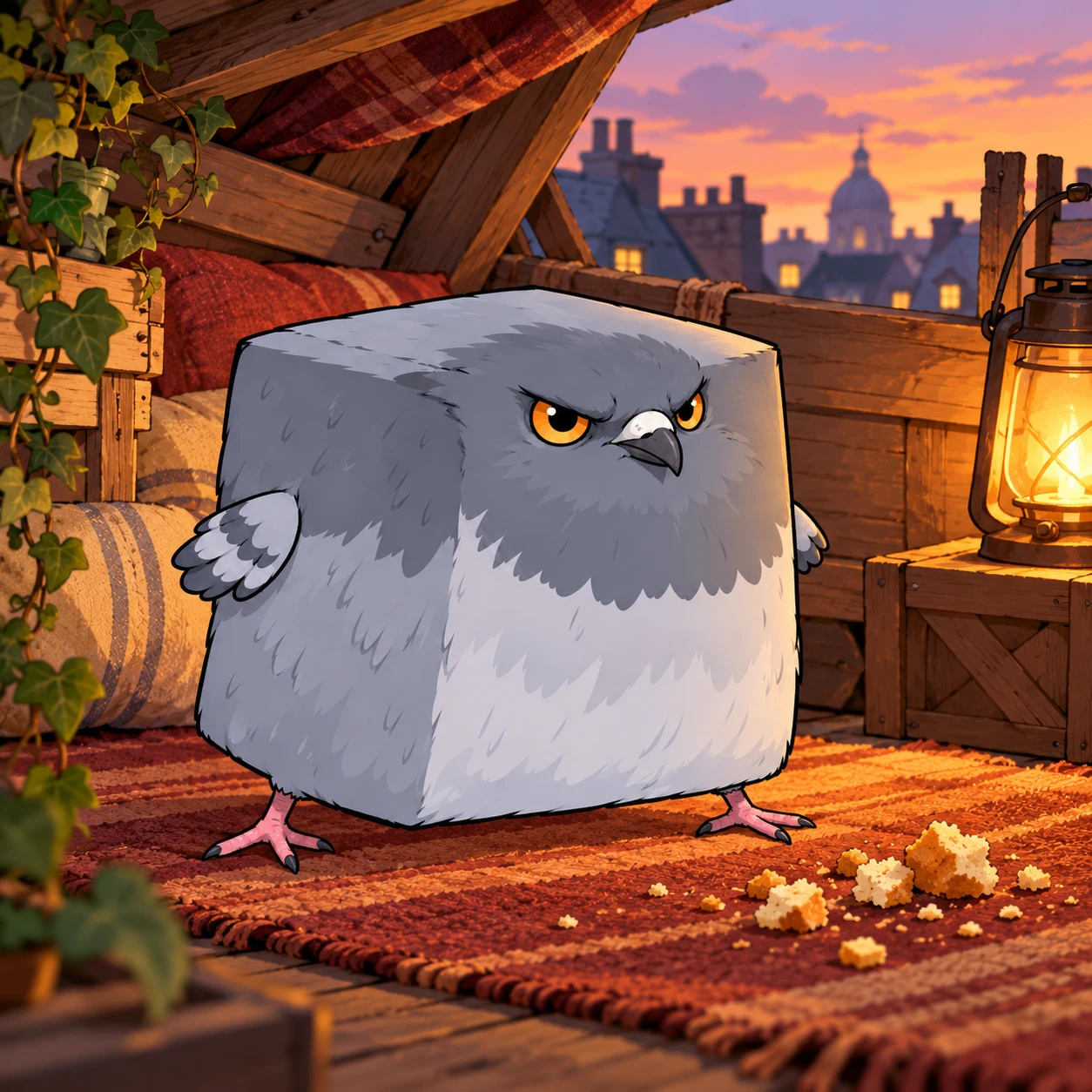 Pigeon Cube relaxing in a warm rooftop hideout