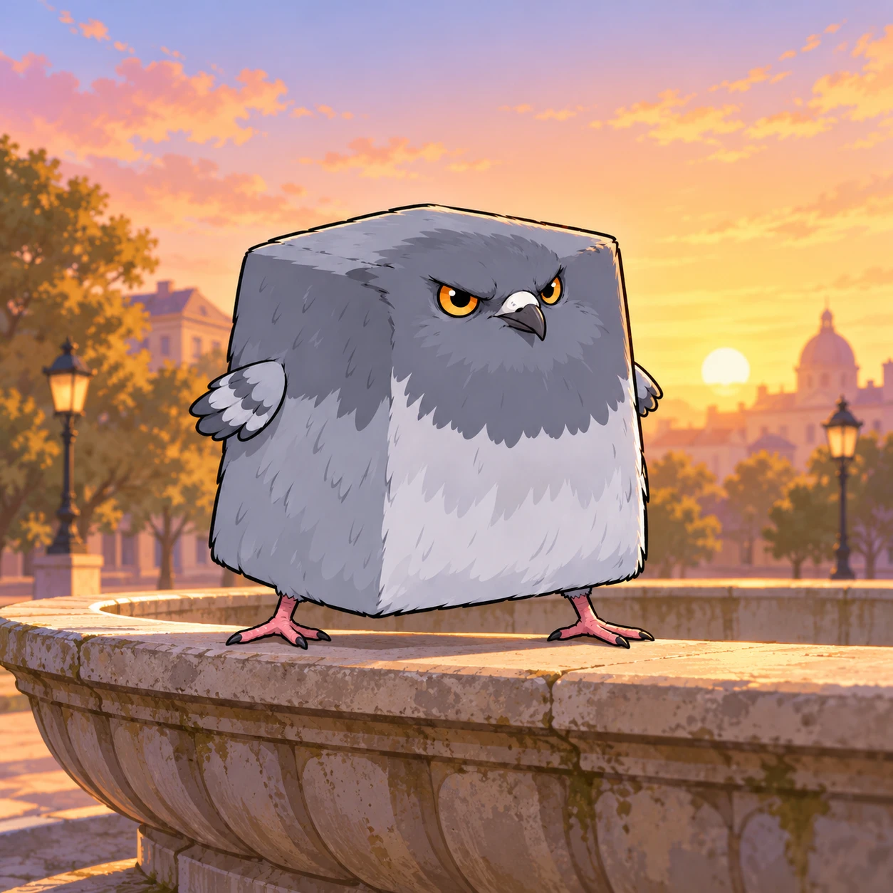 Pigeon Cube on a stone fountain at dawn